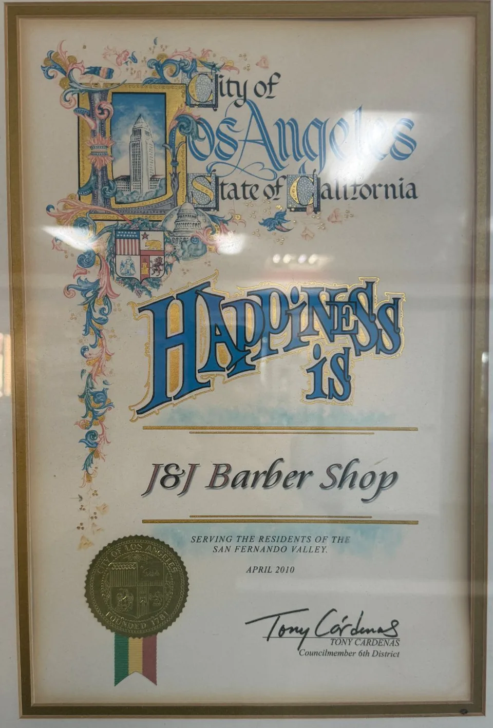 Framed City of Los Angeles certificate, "Happiness is J&J Barber Shop", April 2010